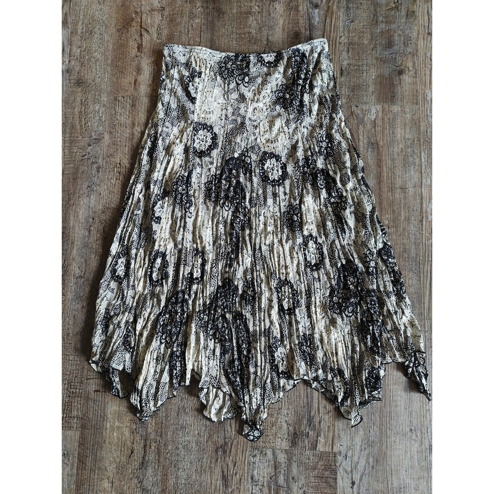 Fashion Bug Womens Large Black Cream Lace Print Handkerchief Hem Crinkle Skirt